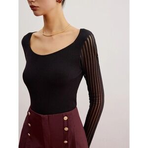 COMMENSE Black Ribbed Knit Sheer Long Sleeve Sweater Top S US 4 NWT